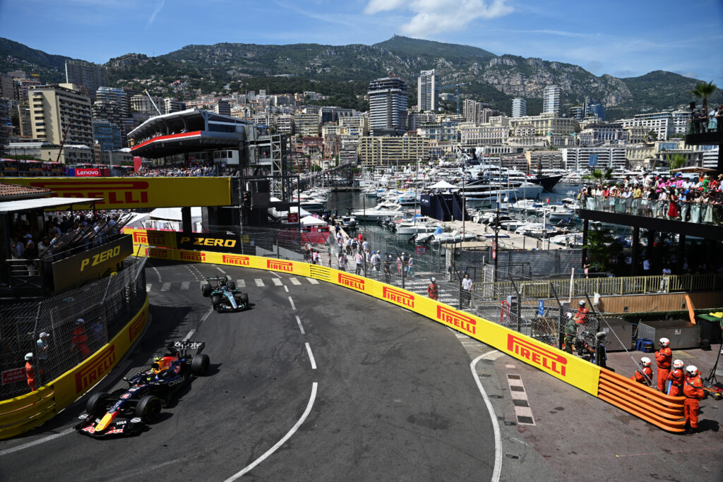 MONTE-CARLO, MONACO - JUNE 07: Isack Hadjar of France driving the (6) Oracle Red Bull Racing RB22 Red Bull Ford leads George Russell of Great Britain driving the (63) Mercedes AMG Petronas F1 Team W17 on track during the F1 Grand Prix of Monaco at Circuit de Monaco on June 07, 2026 in Monte-Carlo, Monaco. (Photo by Sam Bagnall/Sutton Images) // Getty Images / Red Bull Content Pool // SI202606070430 // Usage for editorial use only //