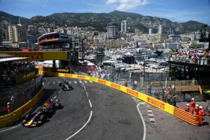 MONTE-CARLO, MONACO - JUNE 07: Isack Hadjar of France driving the (6) Oracle Red Bull Racing RB22 Red Bull Ford leads George Russell of Great Britain driving the (63) Mercedes AMG Petronas F1 Team W17 on track during the F1 Grand Prix of Monaco at Circuit de Monaco on June 07, 2026 in Monte-Carlo, Monaco. (Photo by Sam Bagnall/Sutton Images) // Getty Images / Red Bull Content Pool // SI202606070430 // Usage for editorial use only //